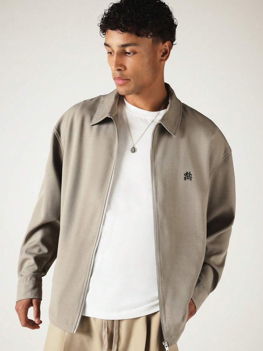SUMWON Sobrecamisa con cremallera y cuello con logotipo bordado, manga larga, ajuste regular, chaqueta camisa casual de primavera - Verde Oliva - Ver 1