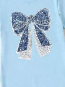 SHEIN Elladie kids 春夏少女休闲时尚创意个性清新简约亮白蓝蝴蝶结装饰图案印花休闲基础款粉色短袖T恤裙，舒适日常穿着，适合春、夏、秋季穿着。 - 藍色 - 查看 7