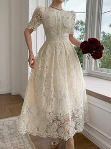 DAZY Elegant Romantic Lace Waist Dress, Suitable For Spring/Summer Holidays Sundress Tea Party Beige - Beige - View 7