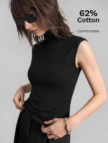 Ontre 2026SS 春夏新款女款極簡純色透視網紗半高領 T-shirt 背心馬甲 無袖上衣 黑色透視上衣 夏季 T-shirt 優雅性感 畢業典禮穿搭 - 黑色 - 查看 5