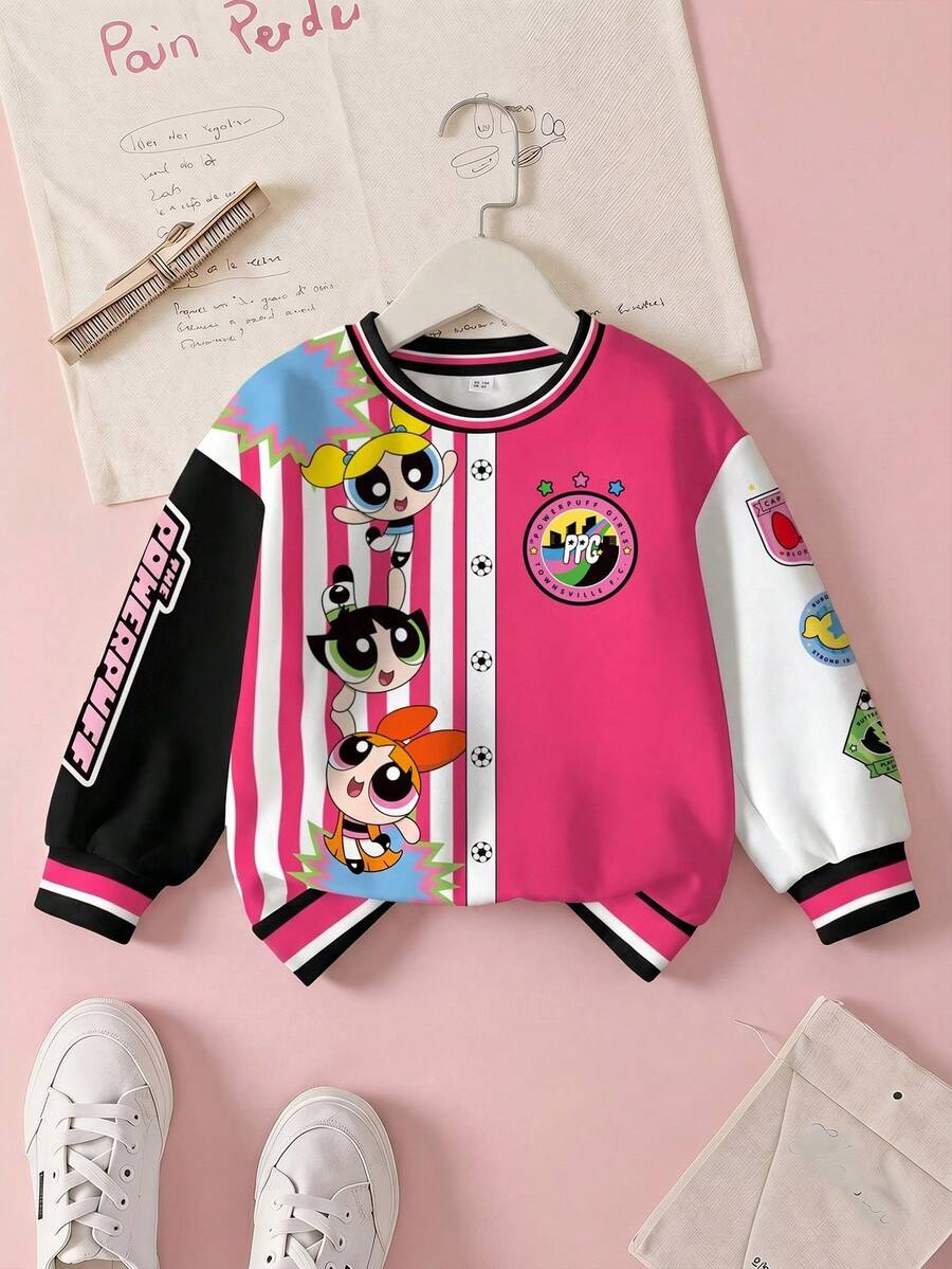 THE POWERPUFF GIRLS X SHEIN 年轻女孩休闲拼色花朵、泡泡、毛茛图案圆领运动衫,秋季 - 白色 - 查看 1