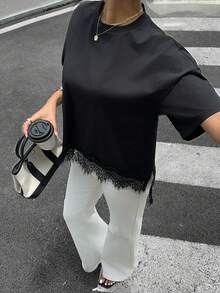 Siren Gaze 夏季新款蕾絲拼接寬鬆女款T恤 - 黑色 - 查看 7