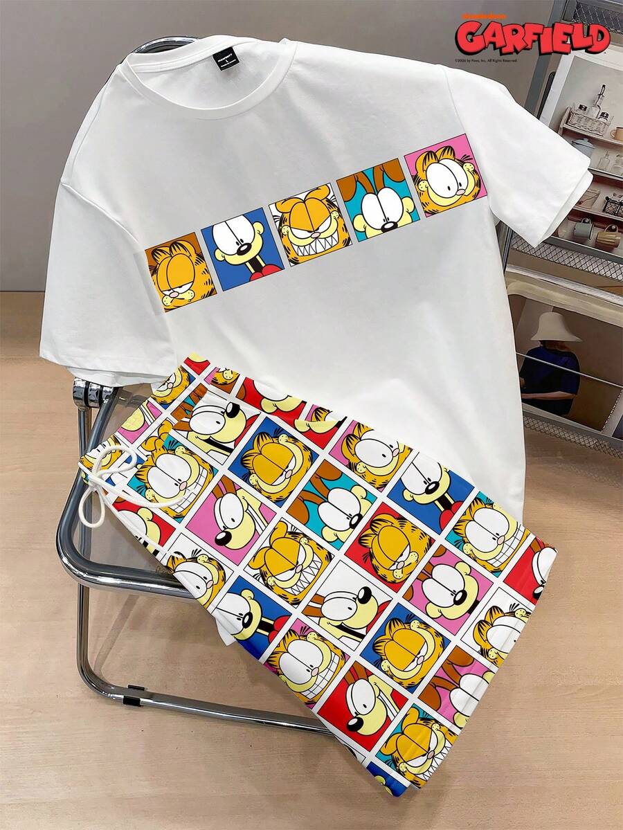 GARFIELD | SHEIN OldRiff 男士休闲卡通印花短袖T恤和抽绳短裤套装,夏季日常通勤 - 白色 - 查看 1