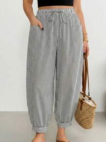 Shapeblank Pantalones largos a rayas con cordones para mujer talla grande - Multicolor - Ver 8