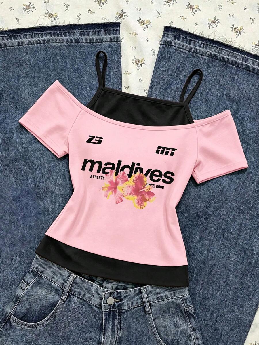 Spring Summer Autumn Tween Girl Creative Personalized Yellow Flower Black Letter Pattern Casual Style 2 In 1 Off-Shoulder Spaghetti Strap Short Sleeve T-Shirt Tops - Multicolor - View 1