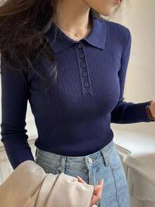 DAZY 女款商務休閒半袖POLO領半鈕扣針織毛衣上衣 - 藍色 - 查看 8