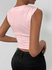 Allurite Solid Color Pleated Slim Fit Tank Top For Summer - Baby Pink - View 3