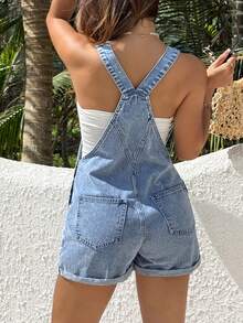 Rivivi Plus Size Women's Daisy Embroidered Pocket Casual Denim Overall Shorts - Blue - View 2