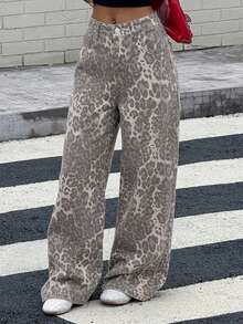 DAZY 女款豹紋寬鬆休閒牛仔褲 夏季 - 灰色 - 查看 4