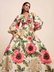 LOTSLUV Damen Herbst Hochzeit, Rosa und Weiß Polka Dot Blumen Tropen Allover Muster, V-Ausschnitt Langarm Twist Knoten Kleid, Elegant Romantisch Urlaub - Verschiedenfarbig - Übersicht 4