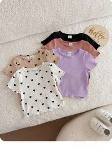 5pcs -Piece Set Of Solid Color Heart Pattern Knitted Casual T-Shirts For Baby Girls (Multiple Pieces) - Mauve Purple - View 3