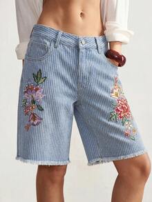 Bohemela 女款夏季休閒條紋花卉刺繡珠飾裝飾牛仔短褲 - 中等水洗藍 - 查看 6
