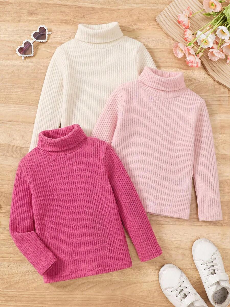 SHEIN 女童 3件組 高彈性翻領打底 T-shirt 秋季女童服飾,適合日常休閒穿著 - 彩色 - 查看 1
