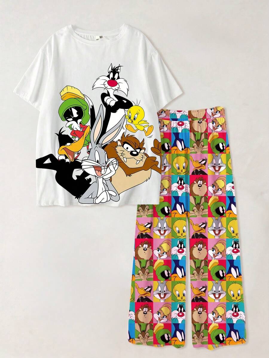 LOONEY TUNES X SHEIN 大码夏季休闲卡通图案圆领短袖T恤和短裤睡衣套装 - 白色 - 查看 1