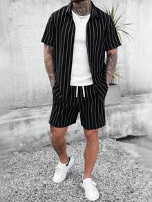 Manfinity CasualCool 加大码男士提花条纹短袖衬衫和短裤套装 - 黑色 - 查看 5