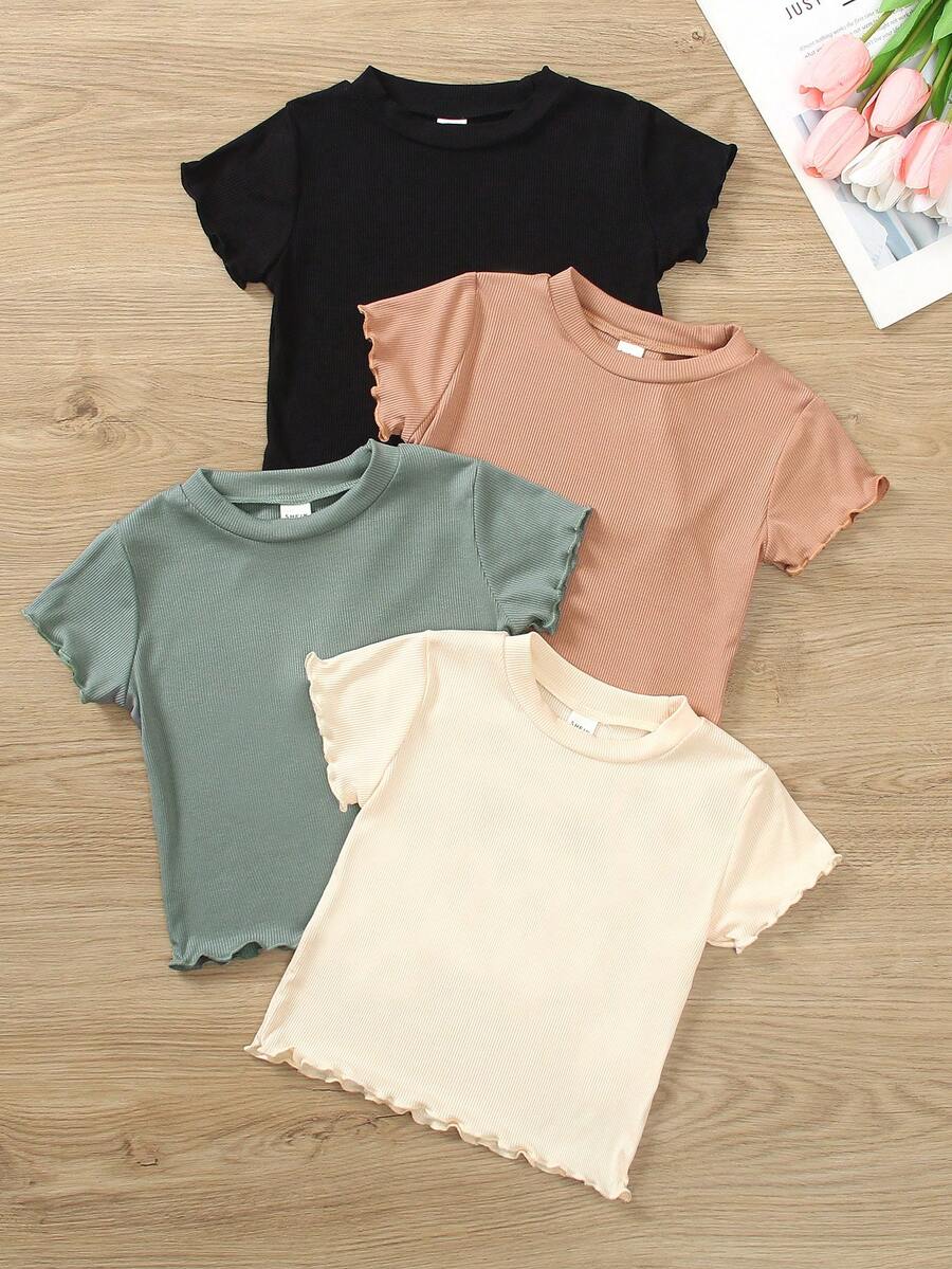 SHEIN Elladie kids 女童休闲纯色短袖T恤,夏季 - 彩色 - 查看 1