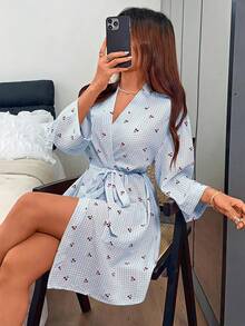 Napfluff Women's Casual Cherry Plaid Print Open Front Robe - Blue - View 6