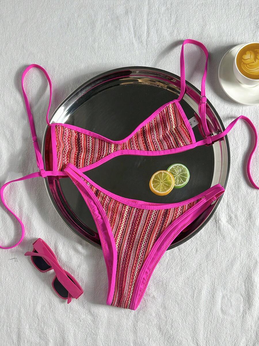 Swim Vcay 春/夏針織提花無鋼圈細肩帶後綁帶上衣與泳褲女款海灘度假泳裝兩件套 - 玫紅色 - 查看 1