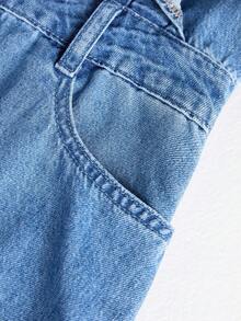 GlowEve 女款純色V領單排扣時尚休閒牛仔洋裝 - 藍色 - 查看 5