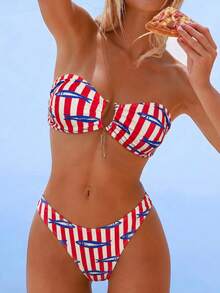 Swim Mod 2pcs/Set Women's Beachwear Fashion Cute Vacation Seaside Pool Party Blue And White Striped Print Metal Chain Strapless Bandeau Top Sexy Bikini - Multicolor - View 1