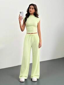SHEIN Tall 2件組女款夏季純色立領百褶上衣與長褲套裝，休閒女裝運動服，棕色兩件套舒適休閒套裝，適合高個女款 - 淡黃色 - 查看 5