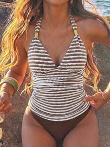 Swim Vcay Nuevo top de tirantes tipo bikini de moda europea y americana de verano, tejido de punto 3D con textura, con accesorios dorados, tirantes finos, braguita de baño de cintura alta de color liso, adecuado para playa, spa y resort - Multicolor - Ver 1