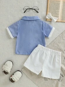 SHEIN 新生兒蝴蝶結裝飾撞色短袖上衣與短褲休閒套裝，適合日常外出、度假、參加派對、婚禮 - 藍白色 - 查看 5