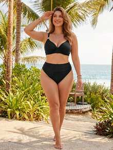 Swim Chiccia Plus Size Women's Summer Beach Solid Color Ruched Bikini And Triangle Bottoms Two-Piece Swimsuit Set White Sexy - Black - View 1