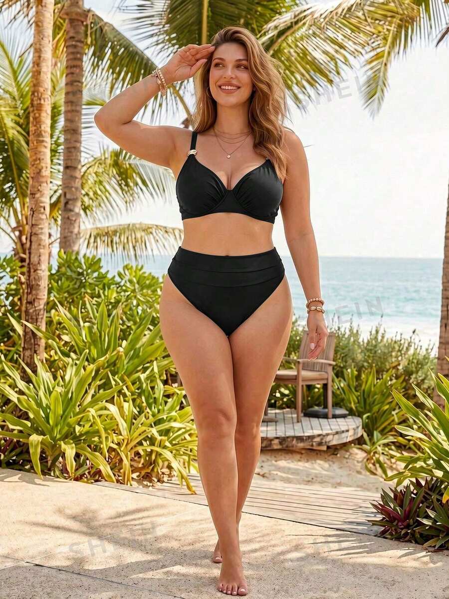 Swim Chiccia Plus Size Women's Summer Beach Solid Color Ruched Bikini And Triangle Bottoms Two-Piece Swimsuit Set White Sexy - Black - View 1
