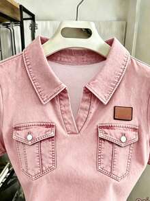 Resyla Women's Retro Polo Collar T-Shirt, Pink Faux Pocket Pattern - Multicolor - View 3