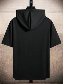 Manfinity Homme 男士大尺碼標語印花短袖抽繩連帽T恤 - 黑色 - 查看 2
