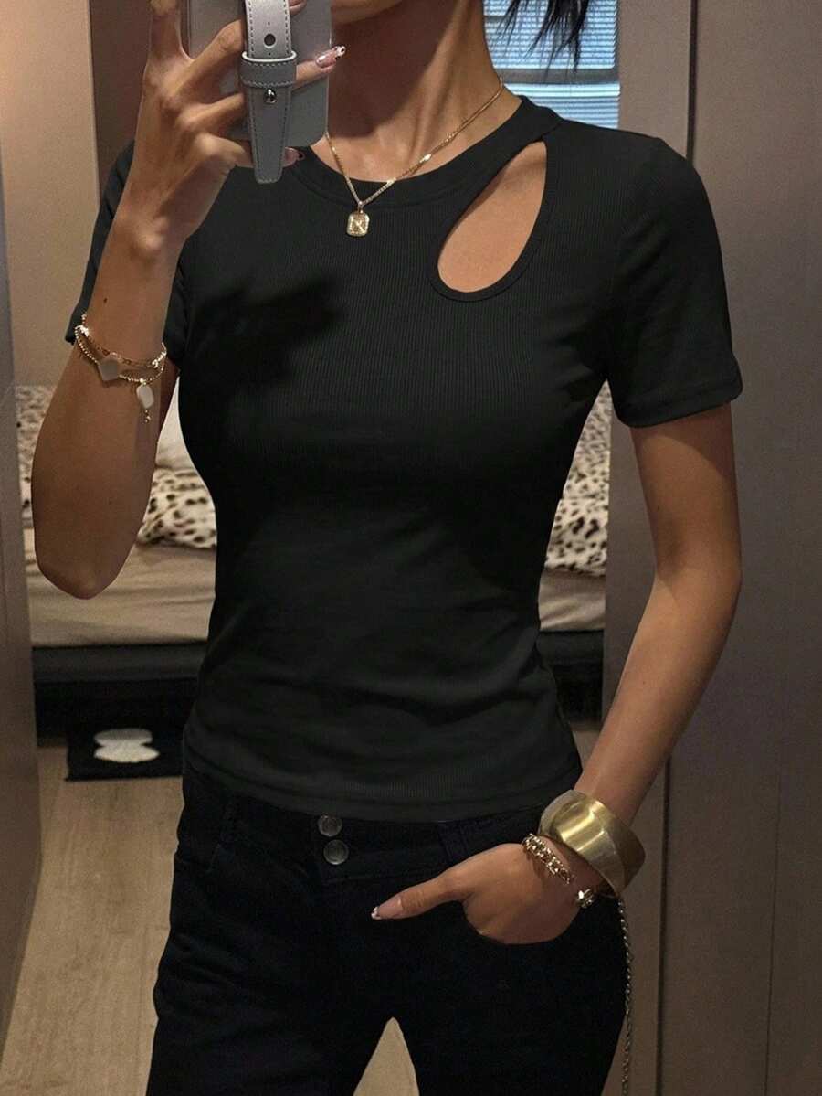 DAZY 女款黑色純色圓領短袖鏤空設計修身背心,適合通勤、度假與假日夏季穿著 - 黑色 - 查看 1