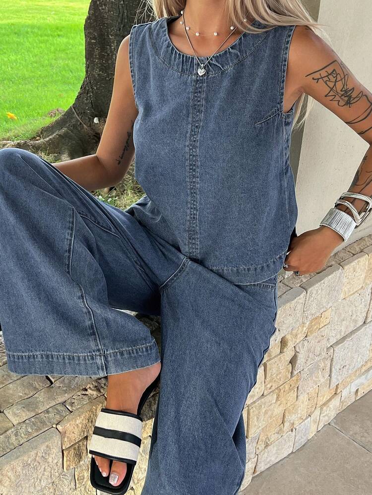 Women's Loose Casual Streetwear Sleeveless Top And Straight Leg Jeans Set, Suitable For Spring And Summer Everyday Blue Everyday