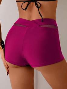 SHEIN Swim 女款網格拼接短褲泳裝下身，適合夏季度假海灘 - 玫紅色 - 查看 2