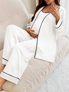 Slowluna Conjunto casual de uso diario de mono con tirantes de lactancia y chaqueta con bloques de color para maternidad - Blanco - Ver 5