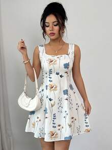 Rafferiza Ditsy Floral Print Square Neck Tie Waist A-Line Sleeveless Women's Dress - White - View 3