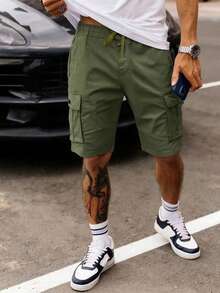 Manfinity Homme Shorts De Cintura Con Cordón Para Hombres Con Bolsillos De Solapa Y Ajuste Holgado - Verde militar - Ver 3