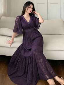 DAZY Vestido midi de mujer con encaje floral en todo el Body y color de contraste para primavera y verano - Morado - Ver 2