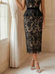 Savoree Women's Fall Black Embroidered Lace Skirt, Elegant Halloween Night Out Bar Party Outfits For Ladies - Black - View 4