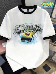 SpongeBob SquarePants | SHEIN Manfinity Joysei Camiseta de hombre con estampado de dibujos animados de parches de color contrastante - Blanco y Negro - Ver 1