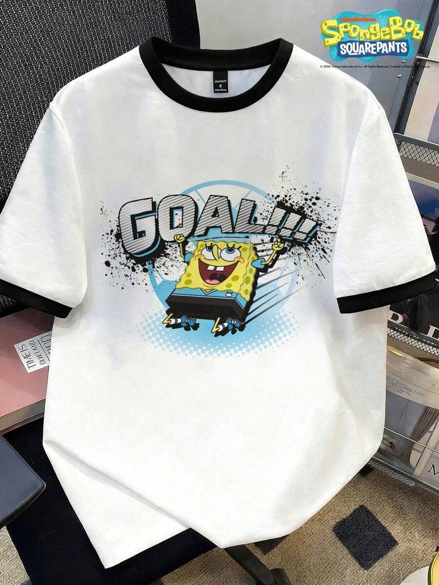 SpongeBob SquarePants | SHEIN Manfinity Joysei Camiseta de hombre con estampado de dibujos animados de parches de color contrastante - Blanco y Negro - Ver 1