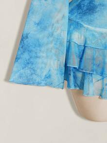 SHEIN ICON Vintage Distressed Print Open Front Mesh Top & Layered Hem Skirt Women's 2 Pieces Set - Blue - View 6