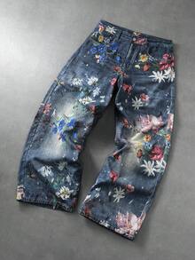 ROMWE MEN Men's Floral Pattern Patch Pocket Wide Leg Loose Casual Denim Jeans - Blue - View 5