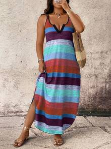 Breezaya Spring Summer Autumn Casual Comfortable Striped Fabric Shoulder Strap Design Multi-Color Plus Size Dress - Red - View 4