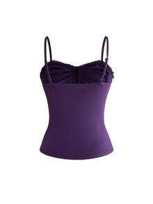 ROMWE Goth Tank Top Wanita Pas Badan dengan Liontin Salib Gotik dan Patchwork Renda Romantis Berkerut - Purple - View 2