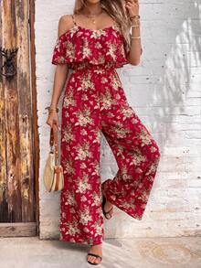 SHEIN Clasi 女款春夏優雅浪漫度假風細肩帶連身褲 - 酒紅色 - 查看 1