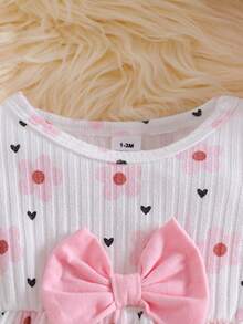 SHEIN Newborn Spring/Autumn Pink Soft Style Heart All-Over Print Pink Bow Knot Embellished Knit Pullover Top With Matching Pink Bow Knot Embellished Long Pants Slim Fit 2-Piece Set Suitable For Outings, Casual, Sports, Christmas, Parties - Baby Pink - View 6
