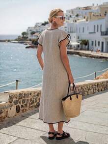 Faunlyn Women's Piped Keyhole Neckline Ruffle Sleeve Midi Dress Vacation Summer Casual French Everyday Going Out Holiday Outfits Black And Silver - Khaki - View 3