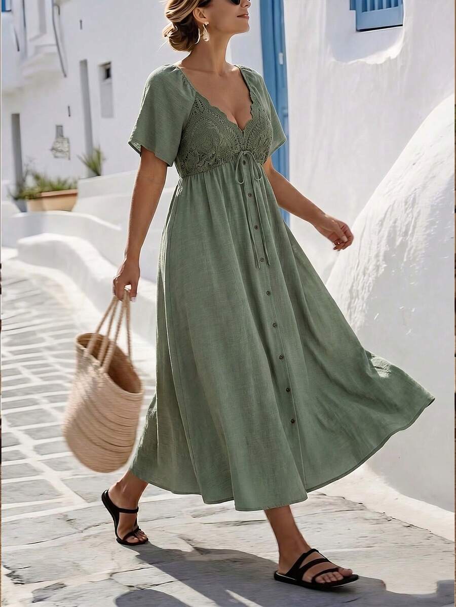 Weeklong Women's Plus Size Spring/Summer Casual Vacation Waist-Defining Exquisite Lace Button Contrast Color Loose A-Line Dress, Suitable For Daily Vacation Wear - Green - View 1