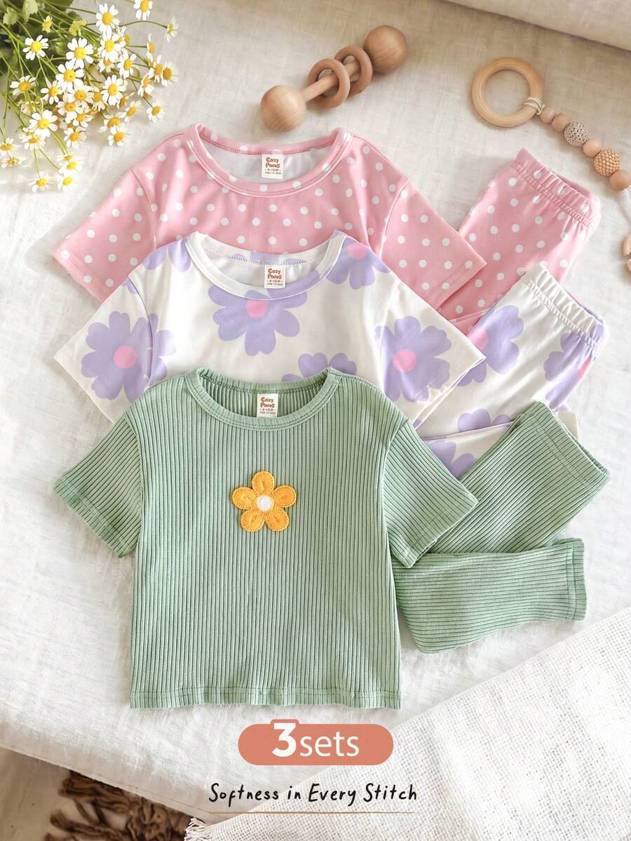 Cozy Pixies Baby Girl 6pcs Set Plant Floral Pattern Knit Soft Round Neck Short Sleeve Pullover Top Elastic Waist Long Pants - Green - View 1